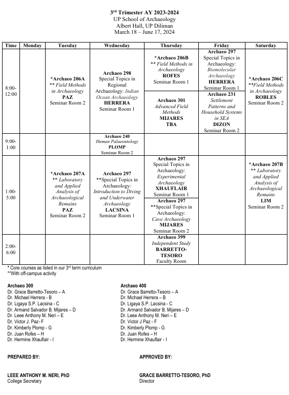 class schedule for AY 2023-2024 3rd Term