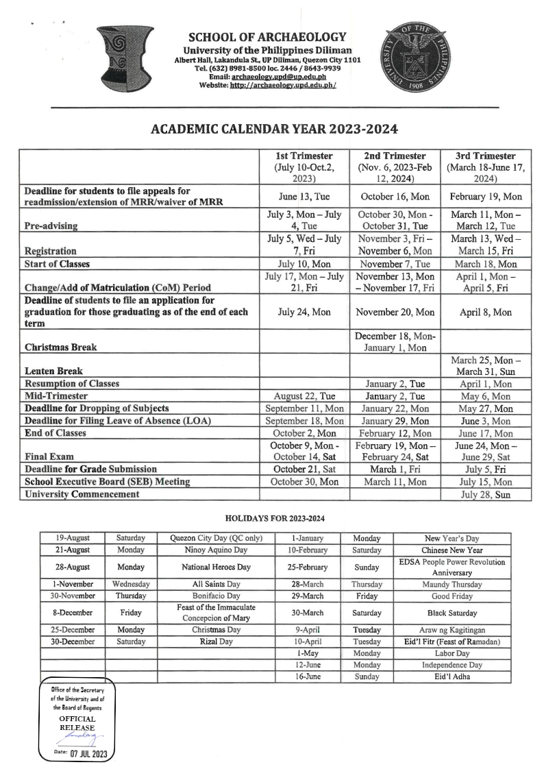 academic calendar for AY 2023-2024