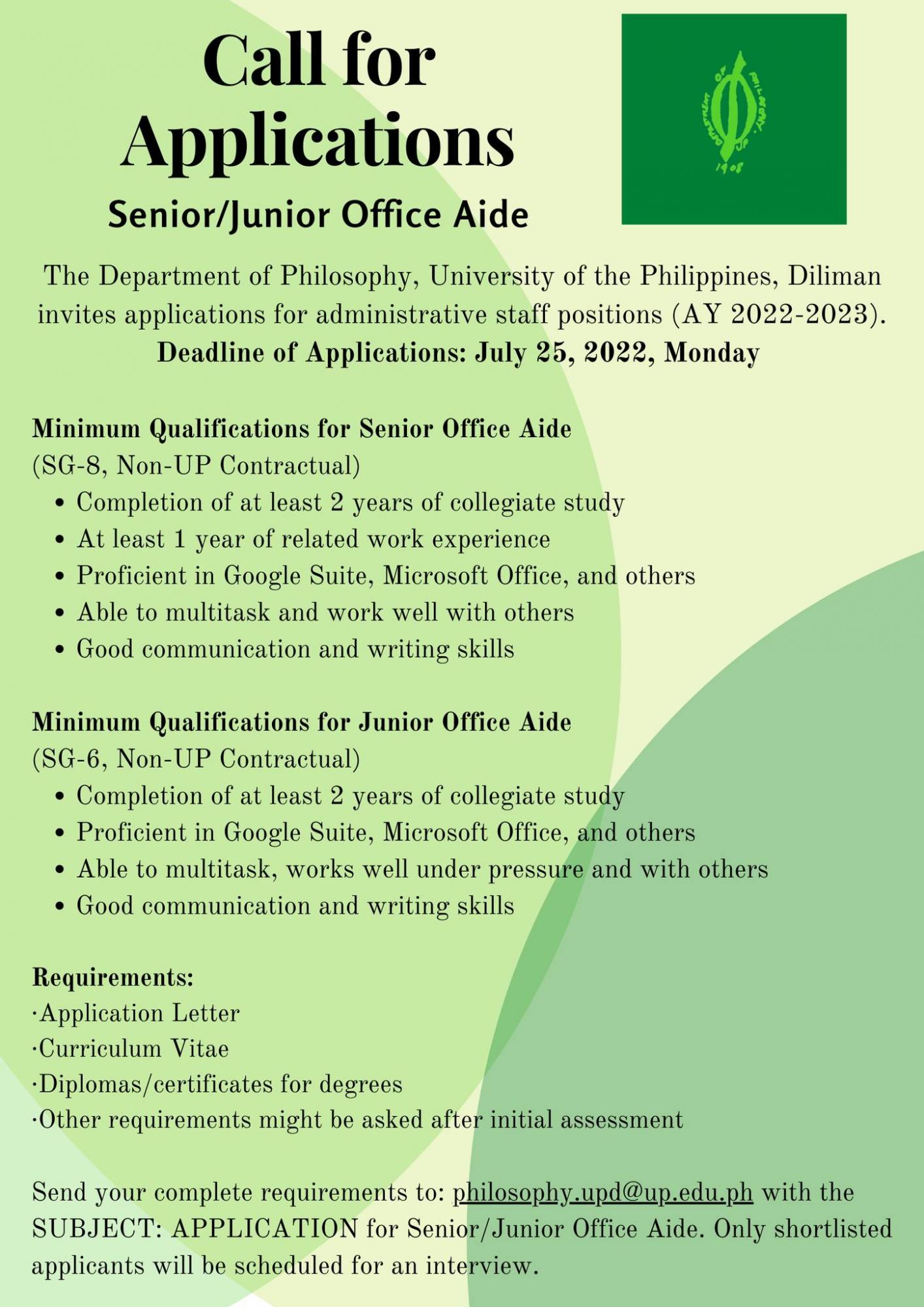 Call For Applications (Senior/Junior Office Aide)