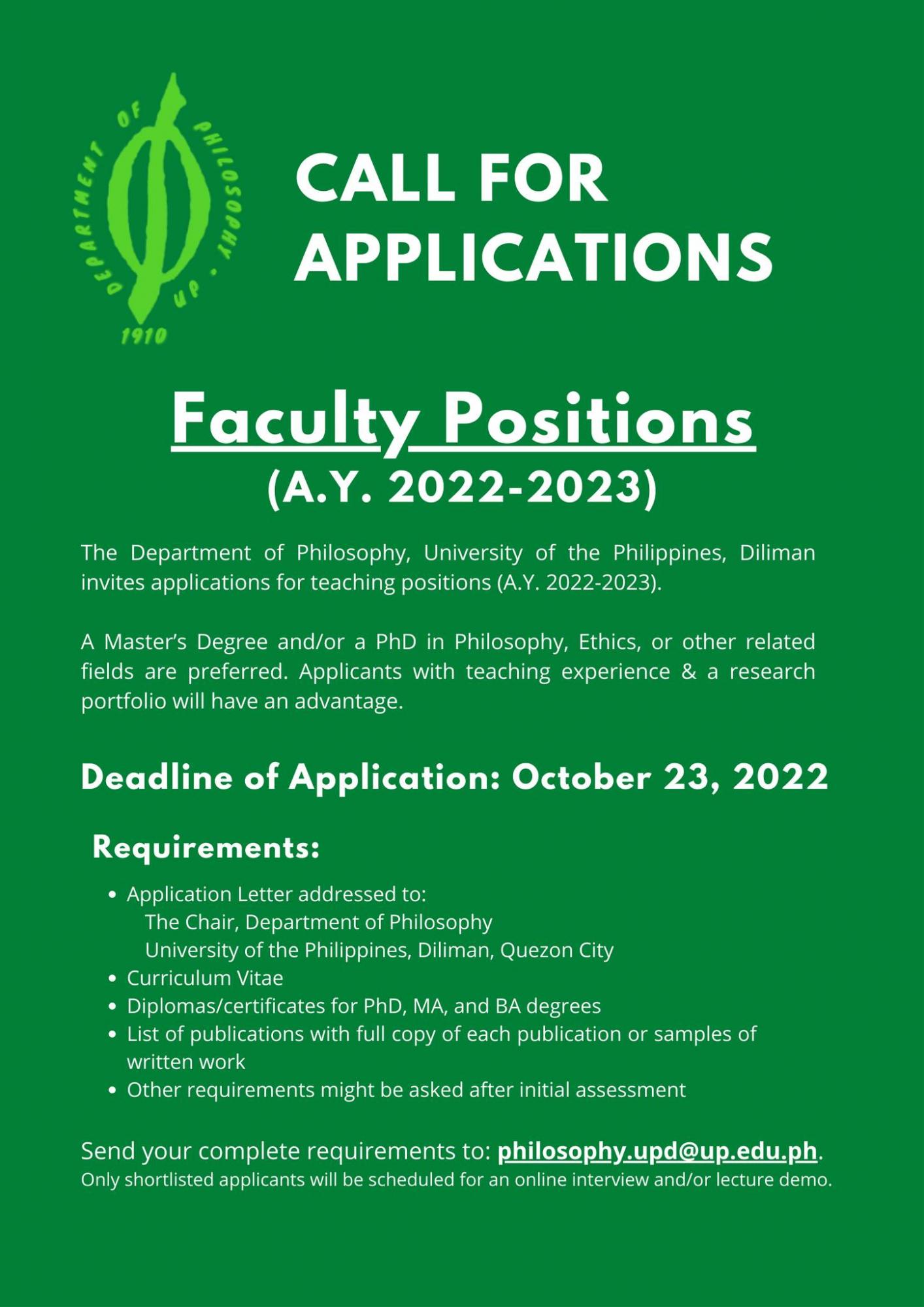 Call for Faculty Applications First Sem AY 2022-2023