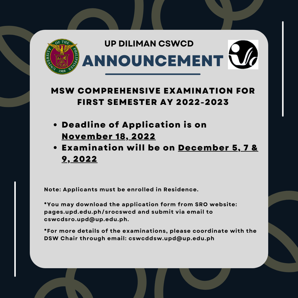 MSW COMPREHENSIVE EXAMINATION FOR FIRST SEMESTER AY 2022-2023 Announcement