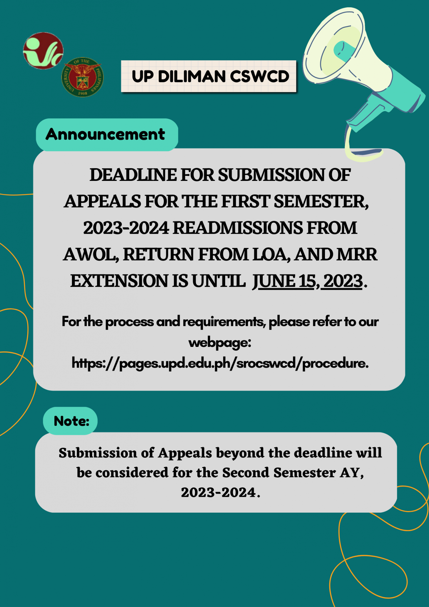 Deadline for Submission of Appeals for the First Semester AY 2023-2024 Readmissions from AWOL, Return from LOA, and MRR Extension