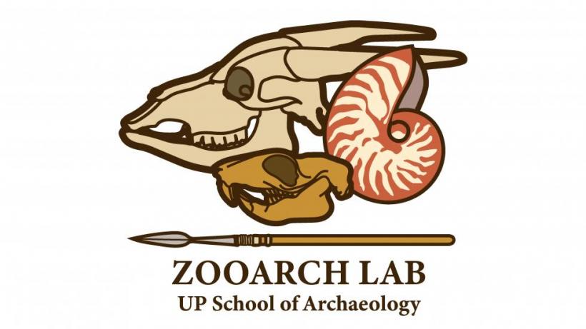 zooarchaeology lab logo with a cluster of vertebrate and invertebrate remains on top and a hunting implement at the bottom