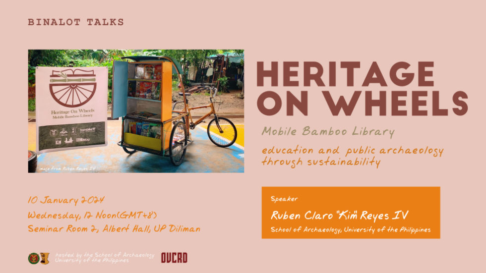 2024-0110 Binalot: 'Heritage on Wheels: Mobile Bamboo Library - education and public archaeology through sustainability' by Kim Reyes; photo shows a bamboo bicycle with bookshelf attached.